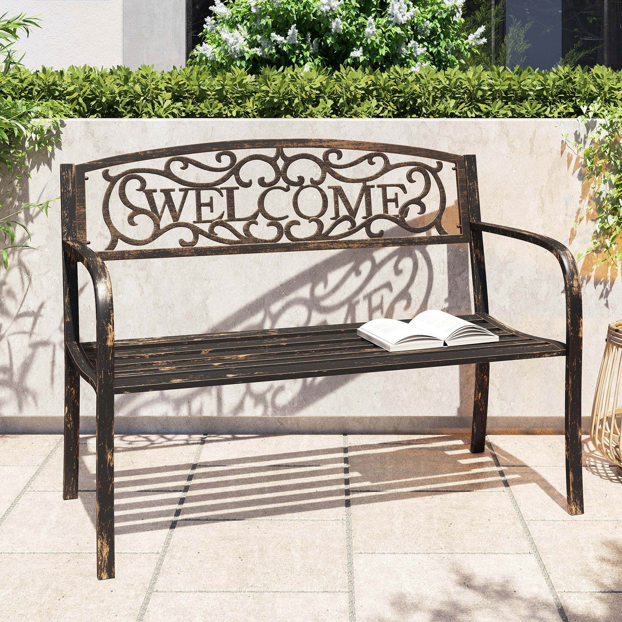 BELLEZE Outdoor Garden Bench, 50 inch Cast Iron Metal Loveseat Chairs with Armrests for Park, Yard, Porch, Lawn, Balcony, Backyard, Antique Patio Seat Furniture Welcome Design, Brown