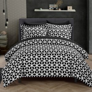 Chic Home Black Reversible Bed in a Bag Duvet Cover Set, King Size (3 Piece), Elizabeth - Geometric Diamond Print Design Microfiber Bedding with Zipper Closure - Duvet & Pillow Shams