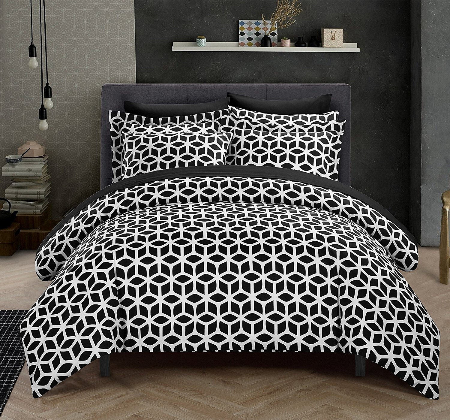 Chic Home Black Reversible Bed in a Bag Duvet Cover Set, King Size (3 Piece), Elizabeth - Geometric Diamond Print Design Microfiber Bedding with Zipper Closure - Duvet & Pillow Shams