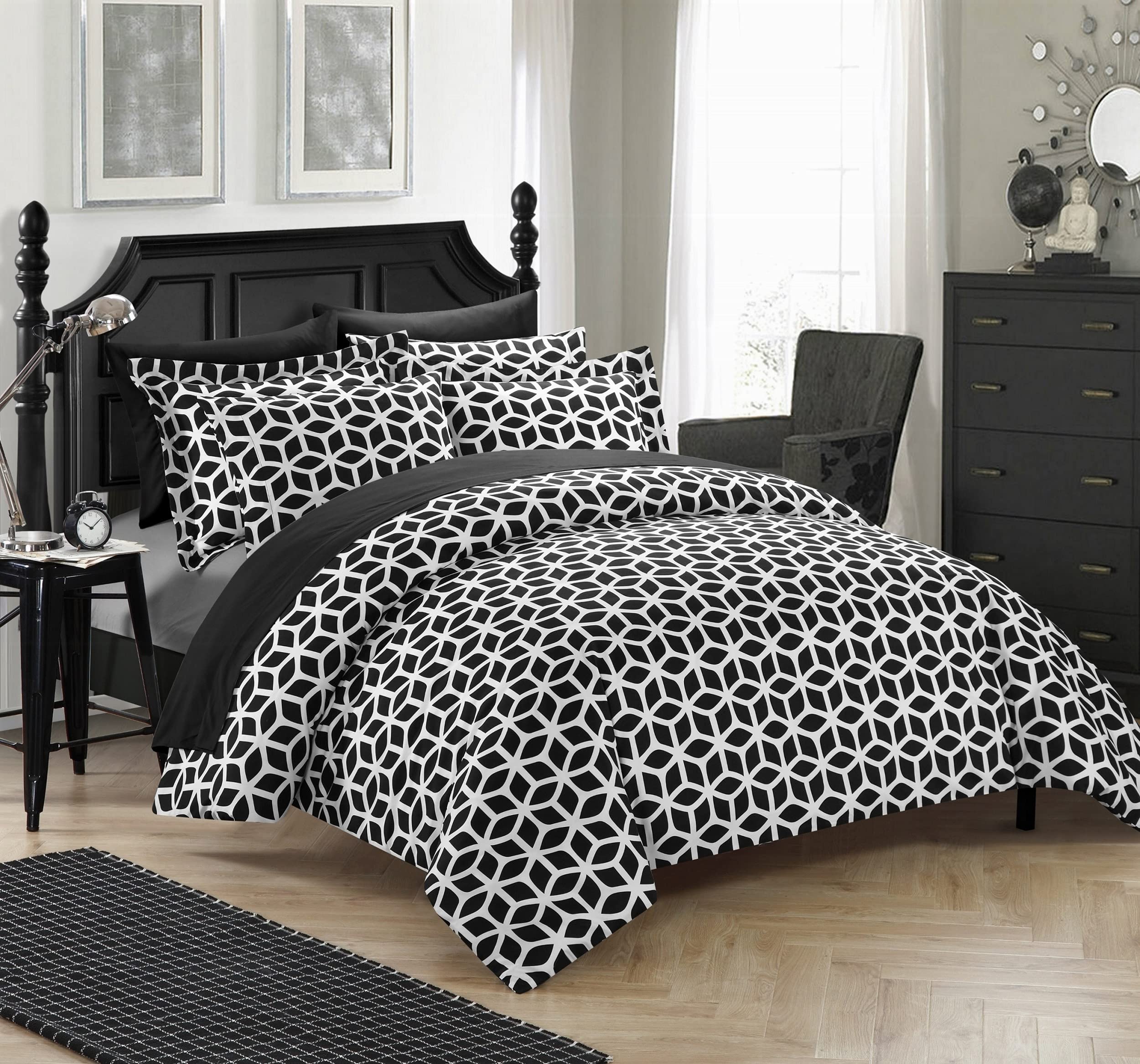 Chic Home Black Reversible Bed in a Bag Duvet Cover Set, King Size (3 Piece), Elizabeth - Geometric Diamond Print Design Microfiber Bedding with Zipper Closure - Duvet & Pillow Shams