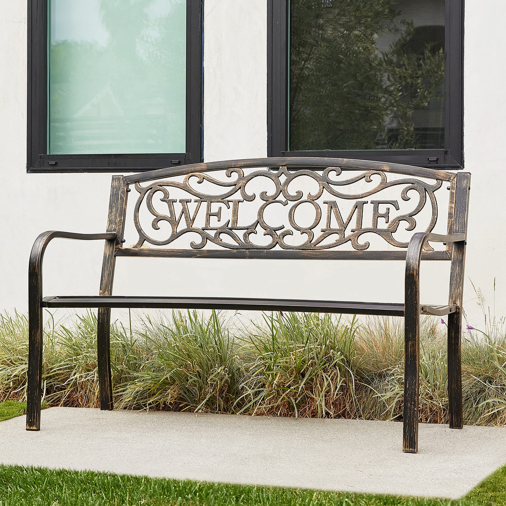 BELLEZE Outdoor Garden Bench, 50 inch Cast Iron Metal Loveseat Chairs with Armrests for Park, Yard, Porch, Lawn, Balcony, Backyard, Antique Patio Seat Furniture Welcome Design, Brown