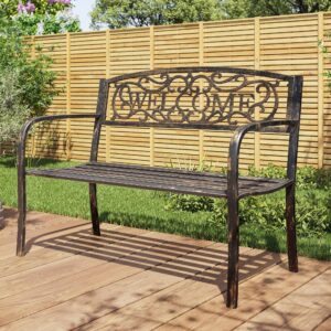 BELLEZE Outdoor Garden Bench, 50 inch Cast Iron Metal Loveseat Chairs with Armrests for Park, Yard, Porch, Lawn, Balcony, Backyard, Antique Patio Seat Furniture Welcome Design, Brown