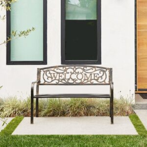 BELLEZE Outdoor Garden Bench, 50 inch Cast Iron Metal Loveseat Chairs with Armrests for Park, Yard, Porch, Lawn, Balcony, Backyard, Antique Patio Seat Furniture Welcome Design, Brown