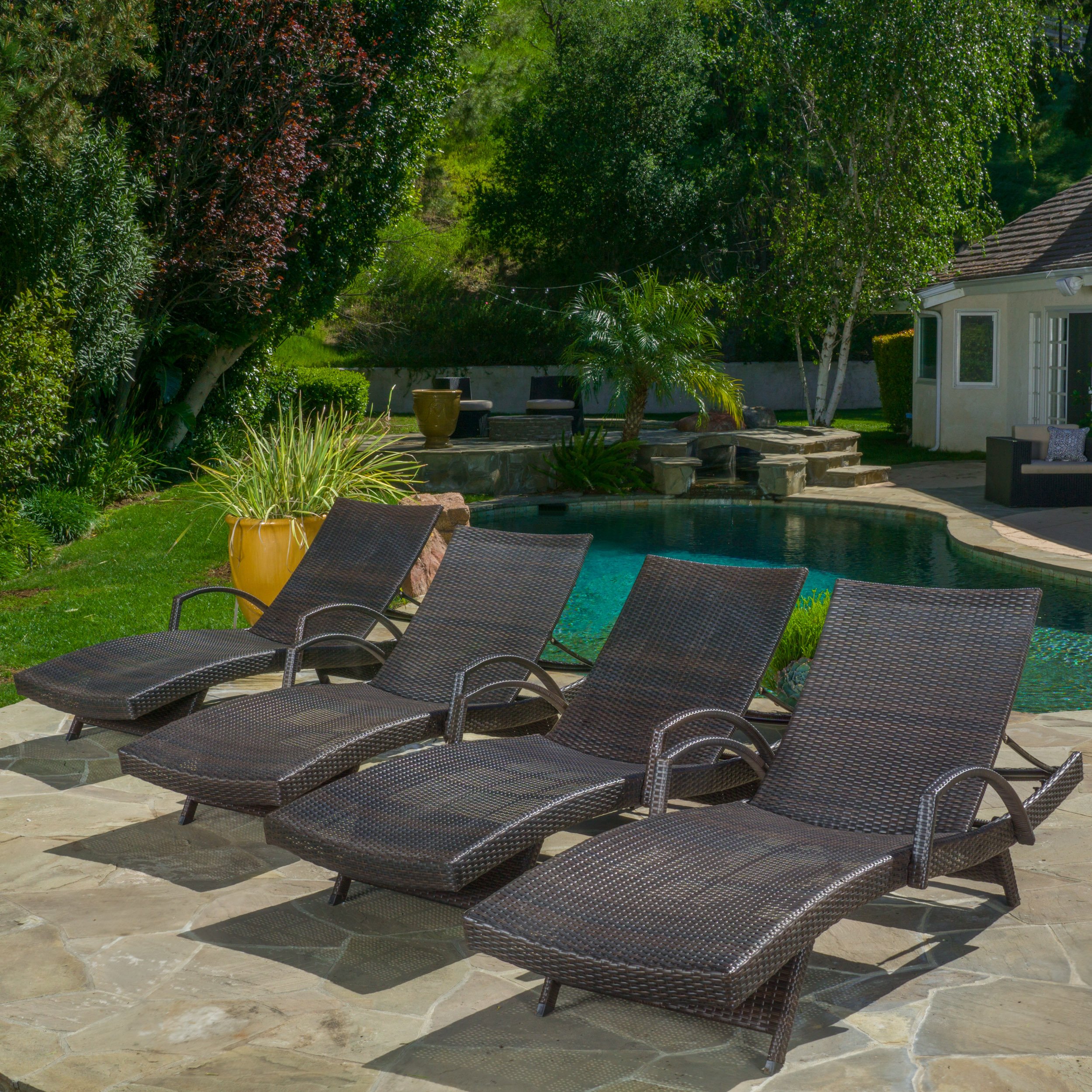 (Set of 4) Olivia Outdoor Brown Wicker Armed Chaise Lounge Chair