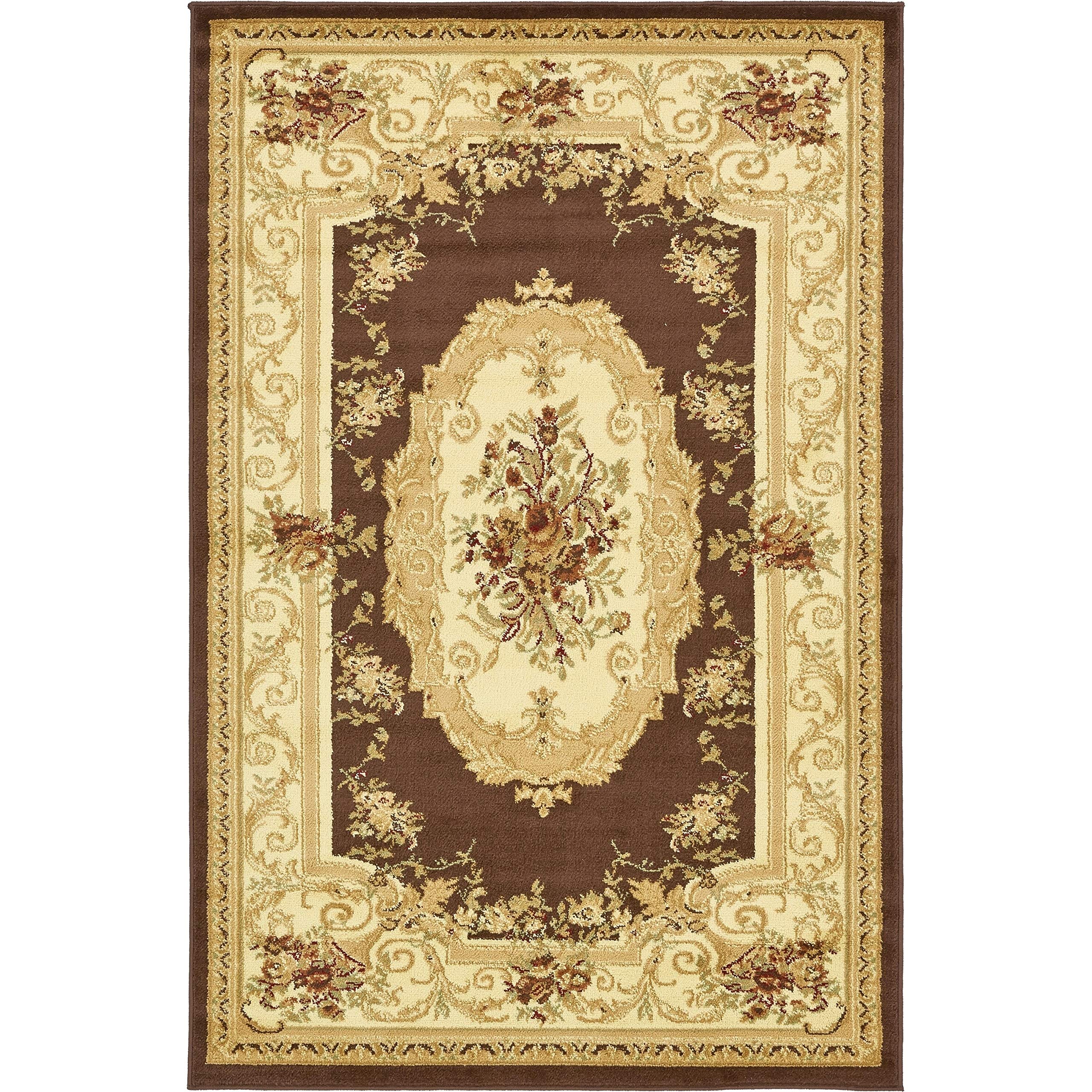 Unique Loom Versailles Collection Traditional Classic Floral Motif Area Rug (4 ft x 6 ft Rectangular, Brown/ Ivory)