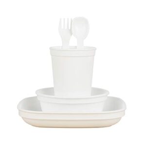 re-play made in usa toddler dinnerware set - 10 oz. open cup, 7" flat plate, 12 oz. bowl, rounded tip fork and deep scoop spoon - dishwasher/microwave safe plastic dinnerware set - white