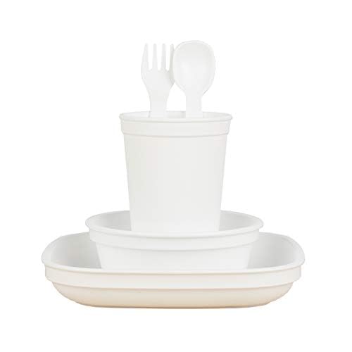 Re-Play Made in USA Toddler Dinnerware Set - 10 oz. Open Cup, 7" Flat Plate, 12 Oz. Bowl, Rounded Tip Fork and Deep Scoop Spoon - Dishwasher/Microwave Safe Plastic Dinnerware Set - White