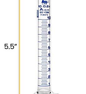 EISCO Graduated Cylinder, 10ml - Class A Tolerance ±0.10ml - Hexagonal Base - Blue Graduations - Borosilicate 3.3 Glass