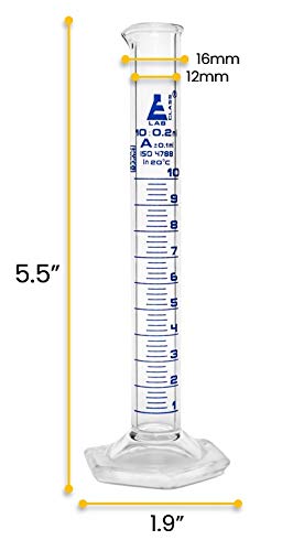 EISCO Graduated Cylinder, 10ml - Class A Tolerance ±0.10ml - Hexagonal Base - Blue Graduations - Borosilicate 3.3 Glass