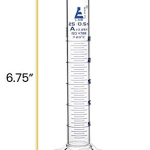 EISCO Graduated Cylinder, 25ml - Class A Tolerance ±0.25ml - Hexagonal Base - Blue Graduations - Borosilicate 3.3 Glass