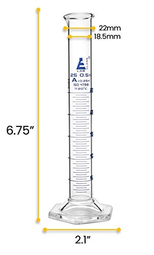 EISCO Graduated Cylinder, 25ml - Class A Tolerance ±0.25ml - Hexagonal Base - Blue Graduations - Borosilicate 3.3 Glass