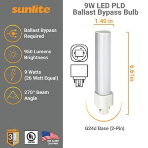 Sunlite 88292-SU LED PLD Horizontal Plug in Light Bulb 950 Lumens, 9 Watts (26W Equivalent), 2 Pin (G24D) Base, Ballast Bypass CFL Replacement, UL Listed, 1 Count (Pack of 1), 3000K-Warm White