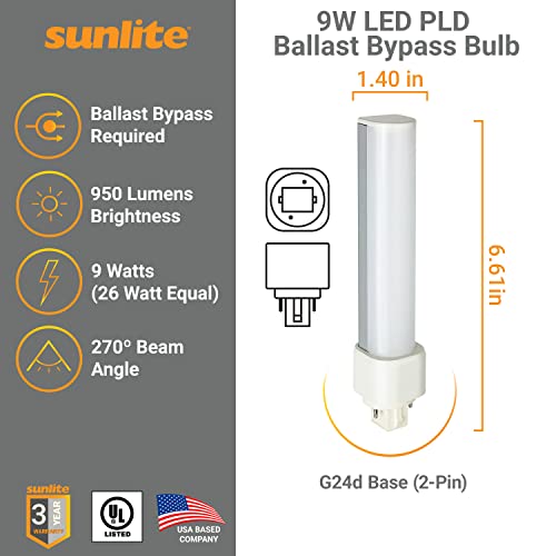 Sunlite 88292-SU LED PLD Horizontal Plug in Light Bulb 950 Lumens, 9 Watts (26W Equivalent), 2 Pin (G24D) Base, Ballast Bypass CFL Replacement, UL Listed, 1 Count (Pack of 1), 3000K-Warm White