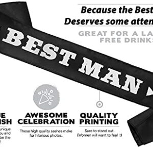 BroSash "Best Man" Bachelor Party Sash - Groom to Be Ideas | Gifts Joke Favors Bachelorette Party Supplies Decorations Decor Wedding Shower Gift Bride Engagement Set for Men Bridal Parties Black