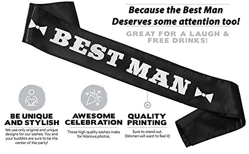 BroSash "Best Man" Bachelor Party Sash - Groom to Be Ideas | Gifts Joke Favors Bachelorette Party Supplies Decorations Decor Wedding Shower Gift Bride Engagement Set for Men Bridal Parties Black