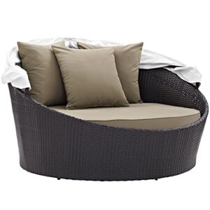 Modway Convene Wicker Rattan Outdoor Patio Retractable Canopy Round Poolside Sofa Daybed in Espresso Mocha