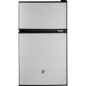 ge mini fridge with freezer | 3.1 cubic ft. | double-door design with glass shelves, crisper drawer & spacious freezer | small refrigerator perfect for the garage, dorm room, or bedroom | clean steel