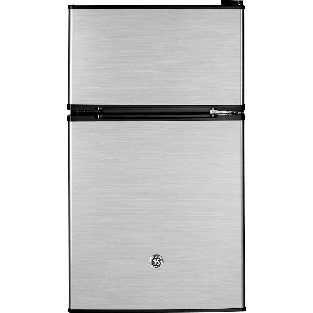 GE Mini Fridge With Freezer | 3.1 Cubic Ft. | Double-Door Design With Glass Shelves, Crisper Drawer & Spacious Freezer | Small Refrigerator Perfect for the Garage, Dorm Room, or Bedroom | Clean Steel