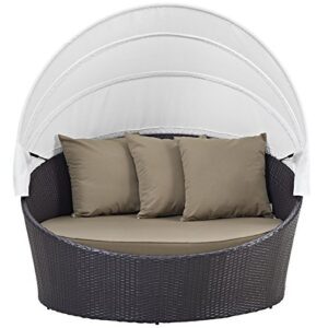 Modway Convene Wicker Rattan Outdoor Patio Retractable Canopy Round Poolside Sofa Daybed in Espresso Mocha