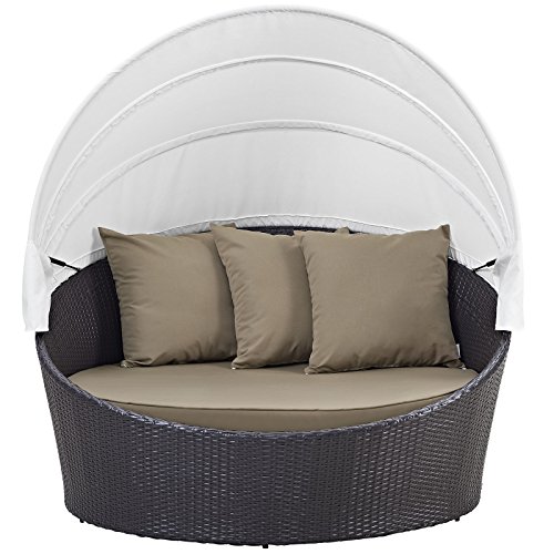 Modway Convene Wicker Rattan Outdoor Patio Retractable Canopy Round Poolside Sofa Daybed in Espresso Mocha