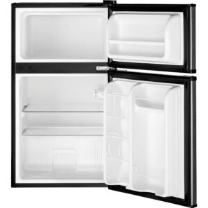 GE Mini Fridge With Freezer | 3.1 Cubic Ft. | Double-Door Design With Glass Shelves, Crisper Drawer & Spacious Freezer | Small Refrigerator Perfect for the Garage, Dorm Room, or Bedroom | Clean Steel