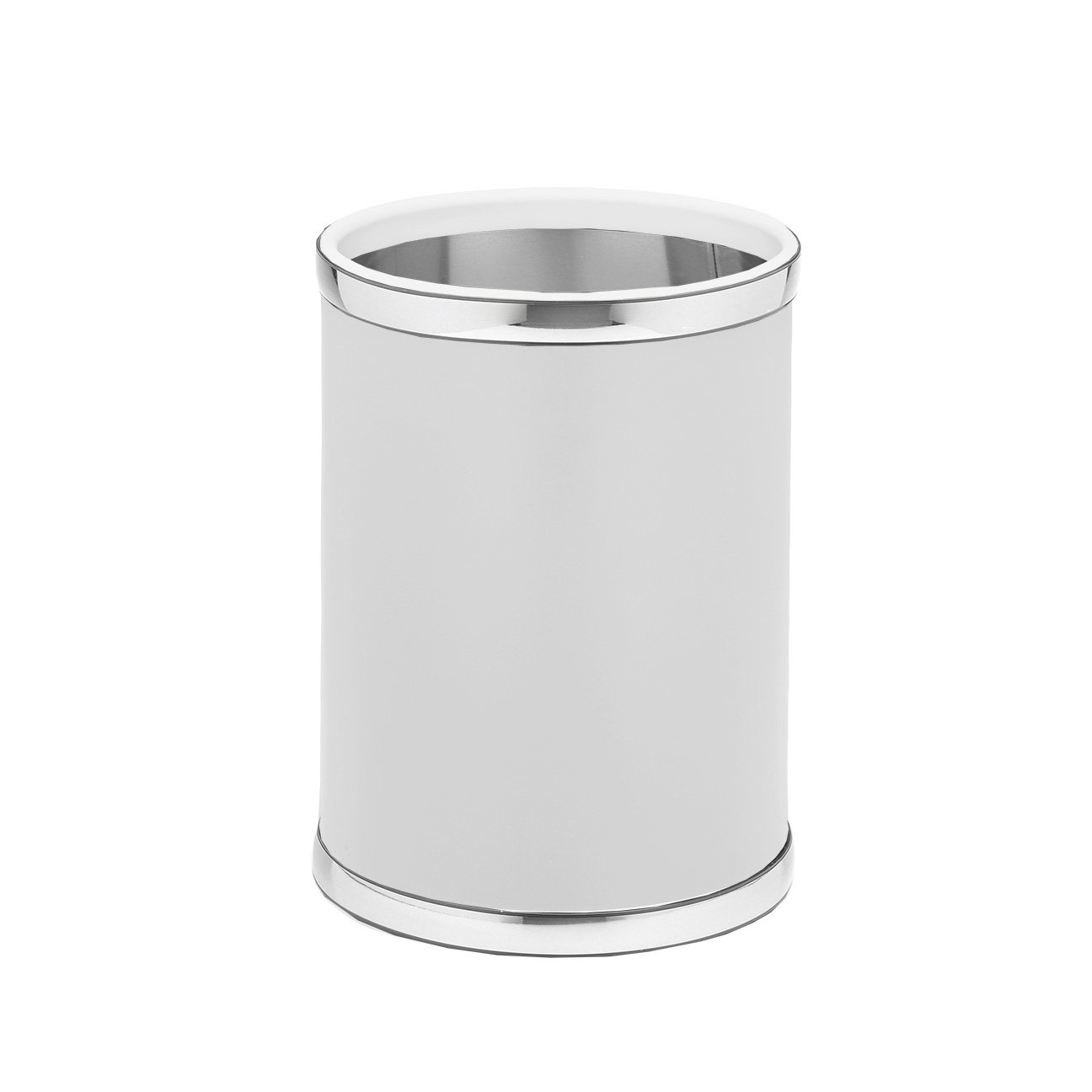 Kraftware Leatherette Round Waste Basket, 11", White/Polished Chrome