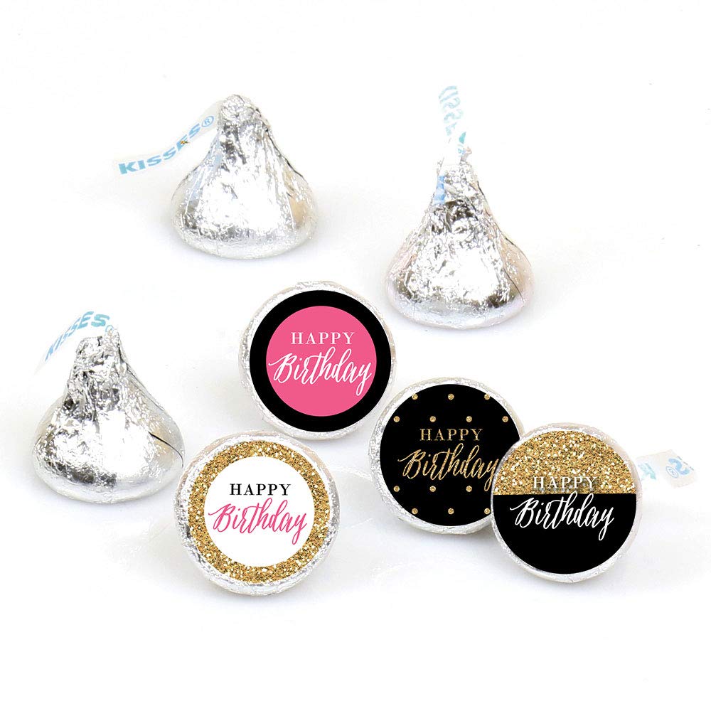 Big Dot of Happiness Chic Happy Birthday - Pink, Black and Gold Round Candy Sticker Favors Labels Fit Chocolate (1 Sheet 108)