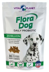 vital planet - flora dog probiotics, dog chews supplement with 20 billion cultures and 11 strains, immune and digestive support chewable probiotics for dogs, 30 natural bacon flavored soft chews