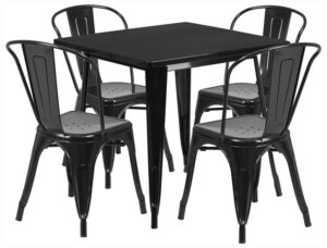 flash furniture 5-piece commercial 31.5" square metal dining table and chairs set, indoor/outdoor dining set with table and 4 stackable chairs, black