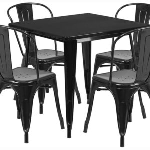 Flash Furniture 5-Piece Commercial 31.5" Square Metal Dining Table and Chairs Set, Indoor/Outdoor Dining Set with Table and 4 Stackable Chairs, Black