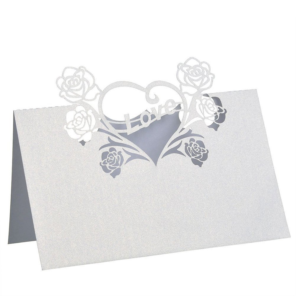 BinaryABC Wedding Party Table Name Place Cards with Rose Love Heart,50pcs - White