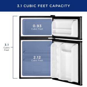 GE Mini Fridge With Freezer | 3.1 Cubic Ft. | Double-Door Design With Glass Shelves, Crisper Drawer & Spacious Freezer | Small Refrigerator Perfect for the Garage, Dorm Room, or Bedroom | Clean Steel