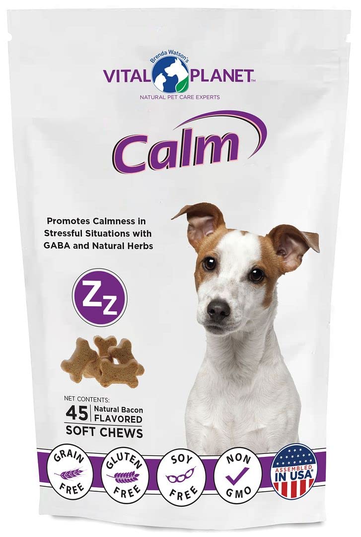 Vital Planet - Calm Soft Chews for Dogs, Promotes Calmness in Stressful Situations with GABA, Colostrum, Valerian, Turmeric, Chamomile, and L-Theanine - 45 Natural Bacon Flavored Soft Chews