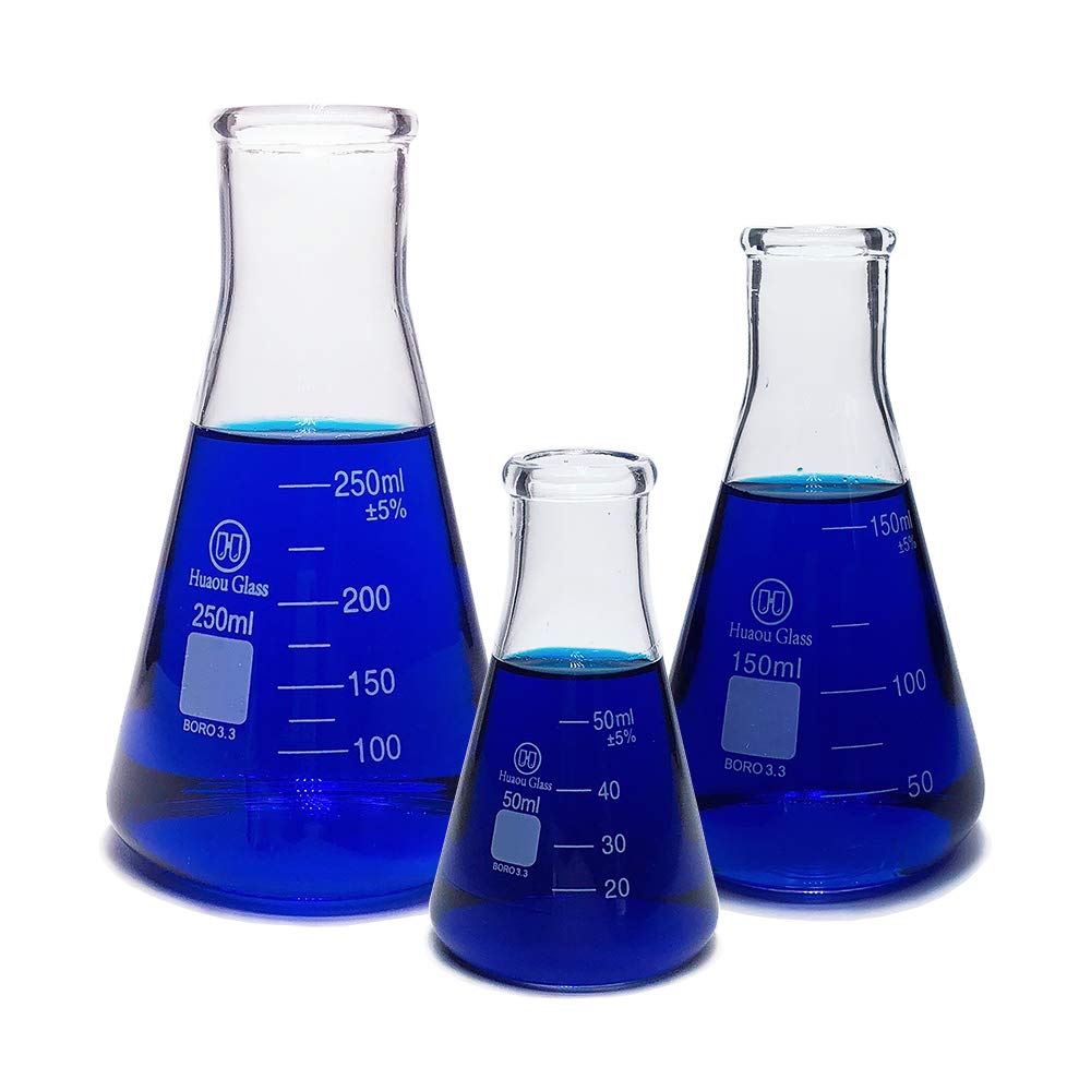 Glass Erlenmeyer Flask Set 50ml 150ml and 250ml, Narrow Mouth Graduated Flasks, 3.3 Borosilicate Glass, Ideal for Laboratory, Classroom or Home Use, HUAOU