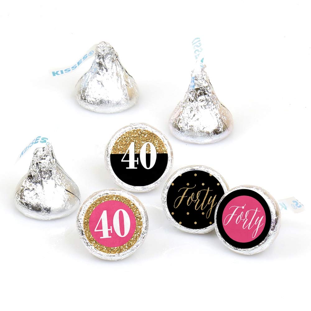 Big Dot of Happiness Chic 40th Birthday - Pink, Black and Gold Round Candy Sticker Favors â€“ Labels Fit Chocolate (1 Sheet 108)