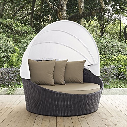 Modway Convene Wicker Rattan Outdoor Patio Retractable Canopy Round Poolside Sofa Daybed in Espresso Mocha