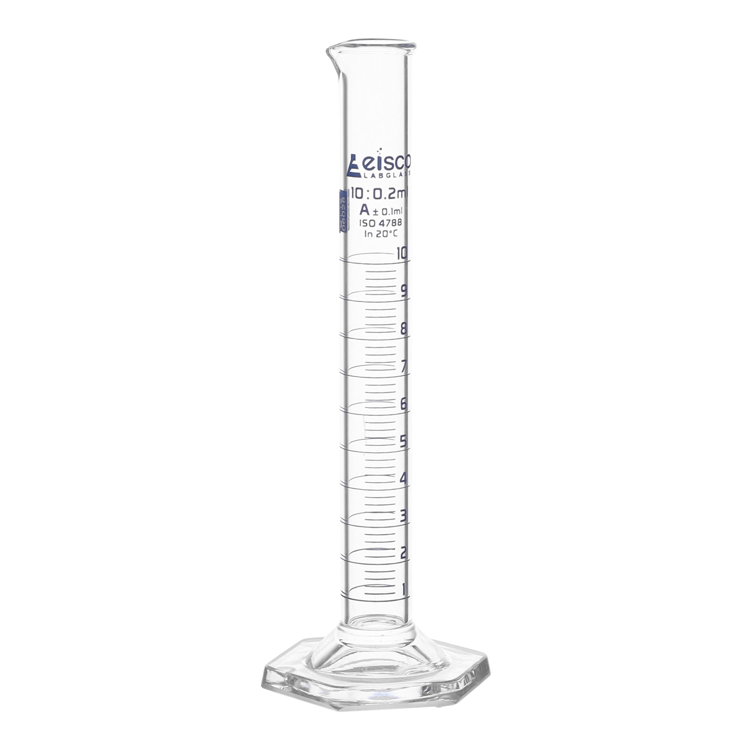 EISCO Graduated Cylinder, 10ml - Class A Tolerance ±0.10ml - Hexagonal Base - Blue Graduations - Borosilicate 3.3 Glass