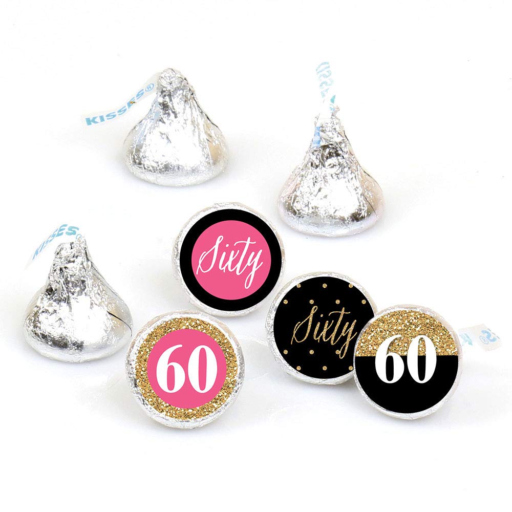 Big Dot of Happiness Chic 60th Birthday - Pink, Black and Gold - Round Candy Sticker Favors – Labels Fit Chocolate Candy (1 sheet of 108)