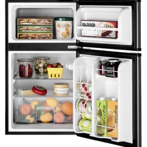 GE Mini Fridge With Freezer | 3.1 Cubic Ft. | Double-Door Design With Glass Shelves, Crisper Drawer & Spacious Freezer | Small Refrigerator Perfect for the Garage, Dorm Room, or Bedroom | Clean Steel