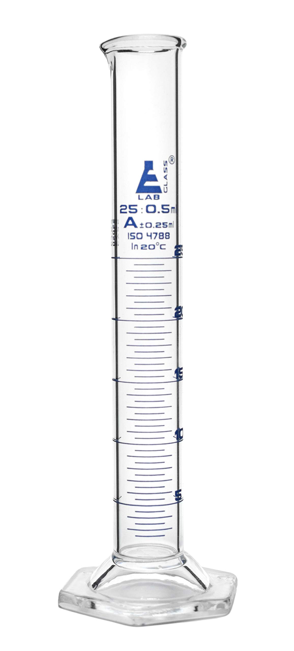 EISCO Graduated Cylinder, 25ml - Class A Tolerance ±0.25ml - Hexagonal Base - Blue Graduations - Borosilicate 3.3 Glass