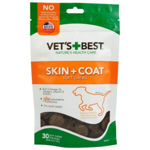 vet's best skin & coat soft chew dog supplements | formulated with vitamin e and biotin to maintain dogs healthy skin and coat | 30 day supply