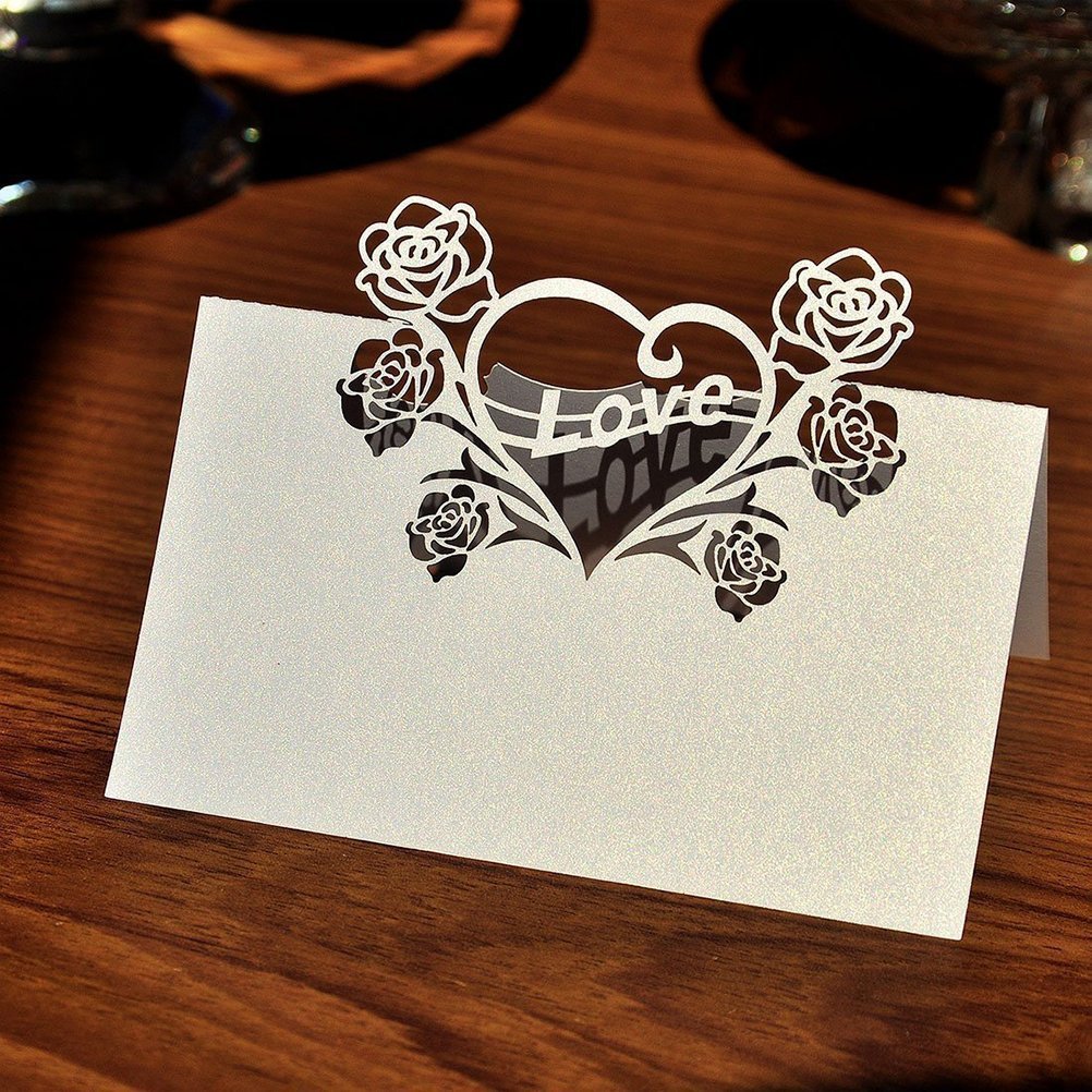 BinaryABC Wedding Party Table Name Place Cards with Rose Love Heart,50pcs - White