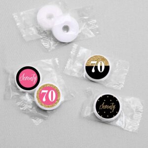 Big Dot of Happiness Chic 70th Birthday - Pink, Black and Gold - Round Candy Sticker Favors - Labels Fit Chocolate Candy (1 sheet of 108)