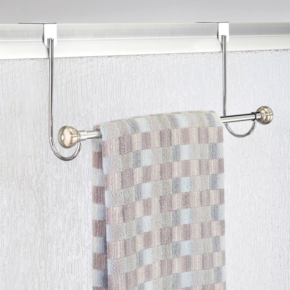 mDesign Metal Bathroom Over Shower Door Towel Rack Holder - Storage Organizer Bar for Hanging Washcloths, Bath, Hand, Face & Fingertip Towels - Brushed with Chrome Finials