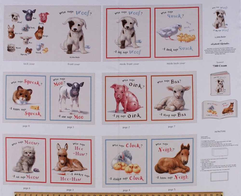 35" X 44" Panel Animal Friends "Who Says Woof?" Baby Animal Sounds Barnyard Sounds Soft Book Cotton Fabric Panel (7300Cream)