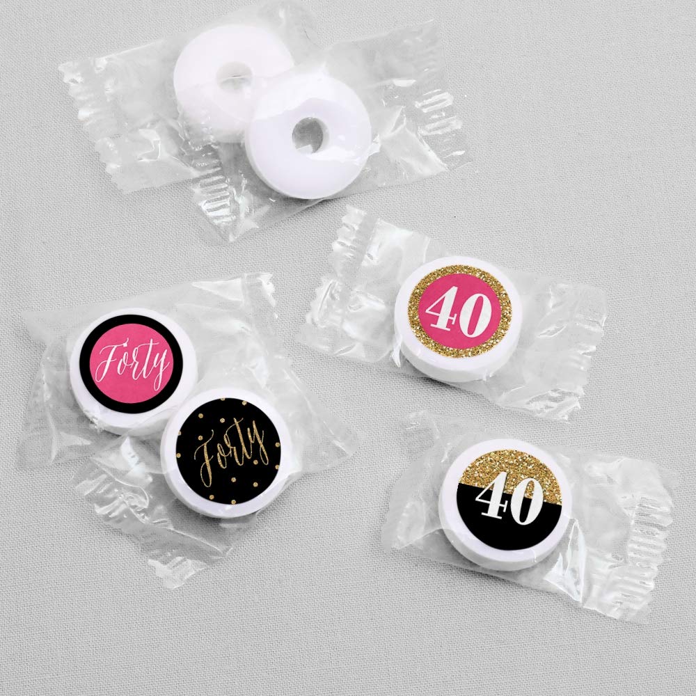 Big Dot of Happiness Chic 40th Birthday - Pink, Black and Gold Round Candy Sticker Favors â€“ Labels Fit Chocolate (1 Sheet 108)