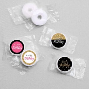 Big Dot of Happiness Chic Happy Birthday - Pink, Black and Gold Round Candy Sticker Favors Labels Fit Chocolate (1 Sheet 108)