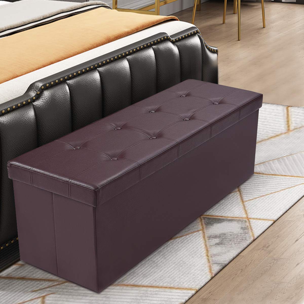 Giantex 45" Folding Storage Ottoman Bench, Storage Chest to Support 660lbs, 165L Storage Trunk Footrest Padded Seat Coffee Table for Bedroom Hallway, Faux Leather, Black