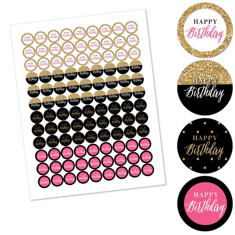 Big Dot of Happiness Chic Happy Birthday - Pink, Black and Gold Round Candy Sticker Favors Labels Fit Chocolate (1 Sheet 108)