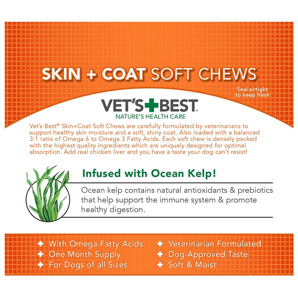 Vet's Best Skin & Coat Soft Chew Dog Supplements | Formulated with Vitamin E and Biotin to Maintain Dogs Healthy Skin and Coat | 30 Day Supply